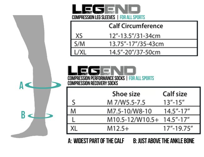 LEGEND Compression Leg Sleeves and Socks sizing chart