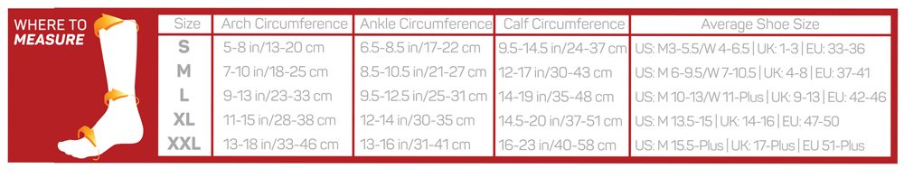 compression sizing chart for foot & calf